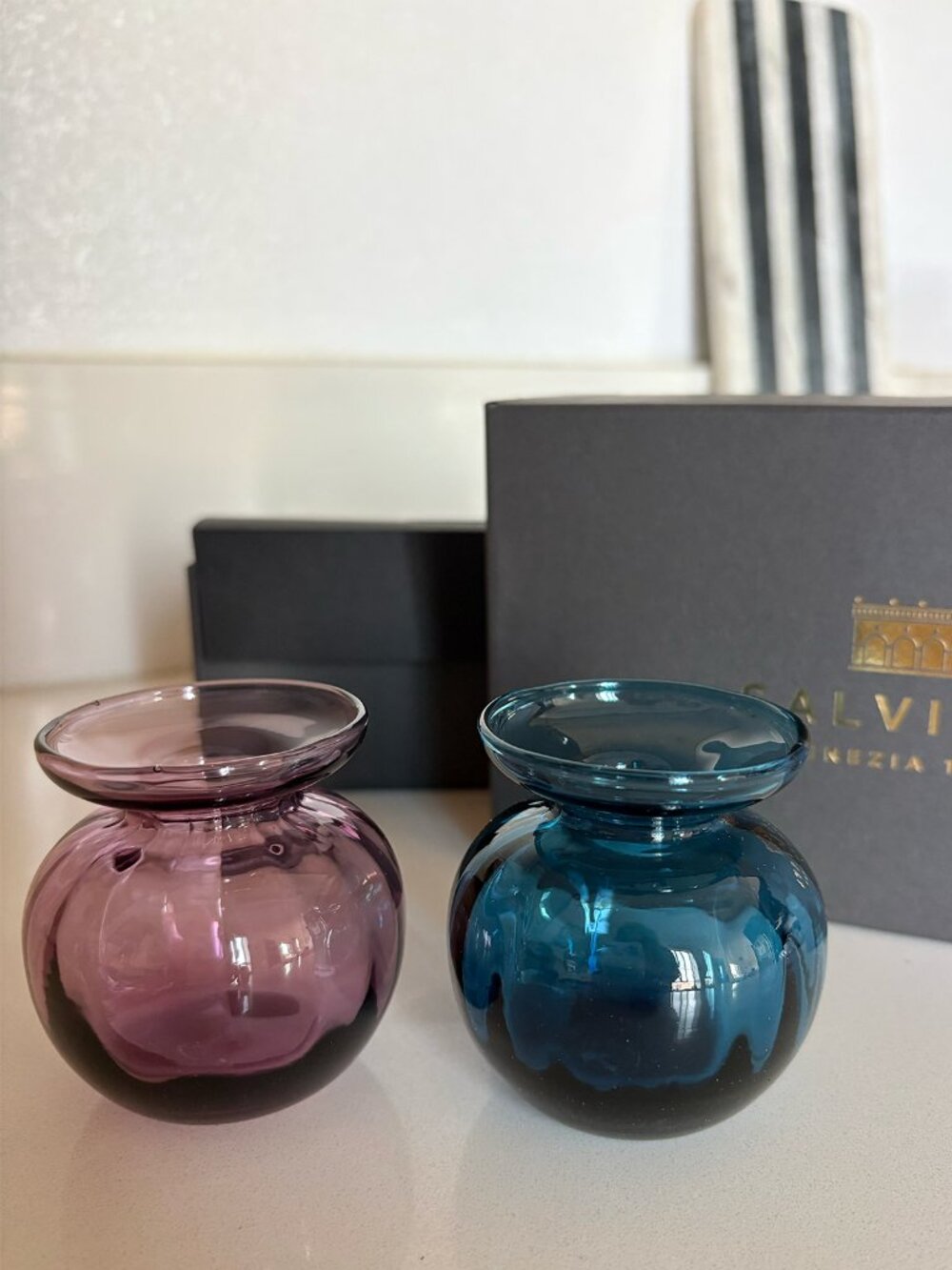 Salviati Murano Hand-Blown Art Glass Bud Vase Pair — Amethyst & Teal Blue | Orig